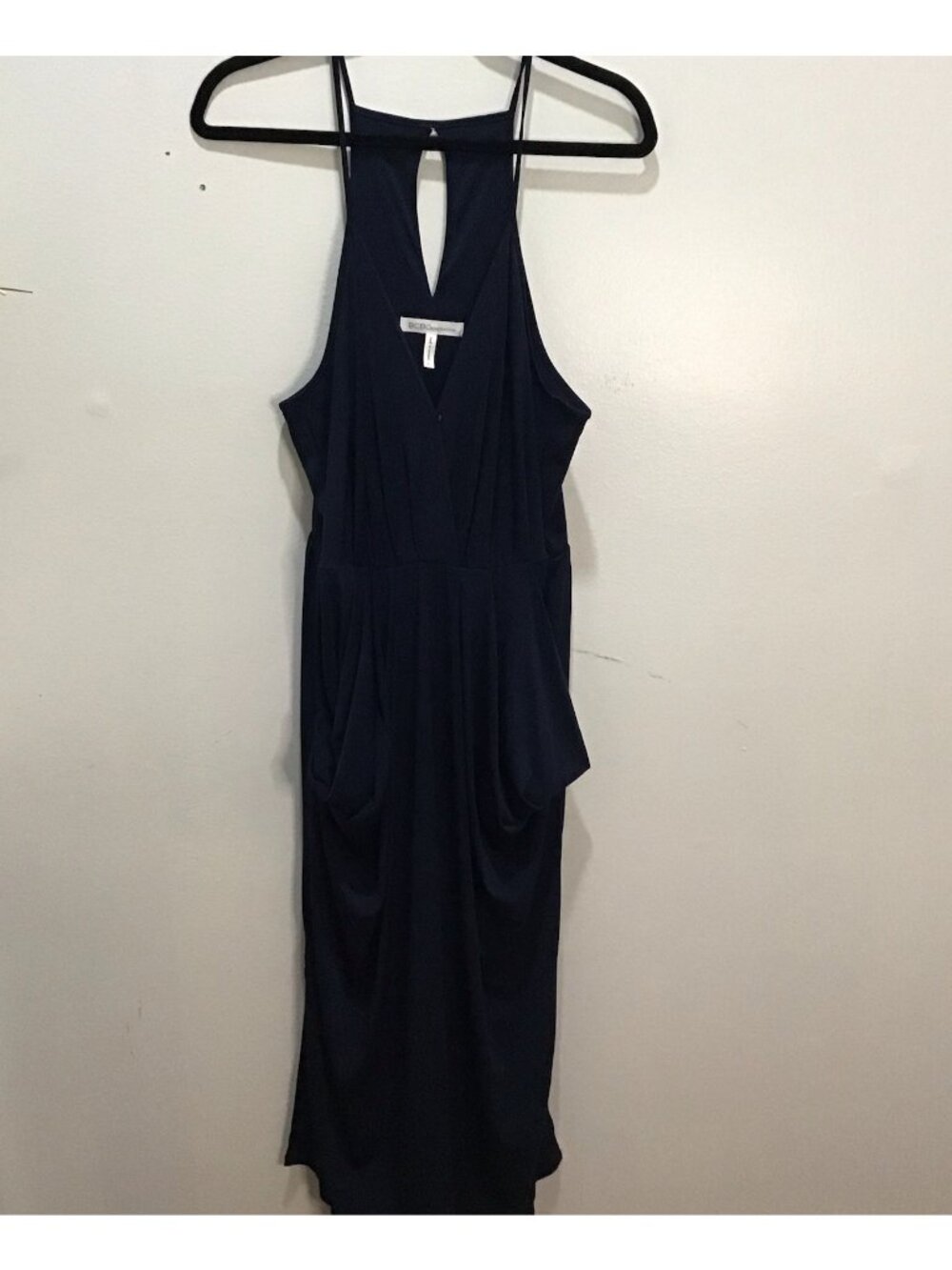 BCBGeneration Dress Womens Large Navy Blue Sleeveless V Neck Draped Maxi Stretch